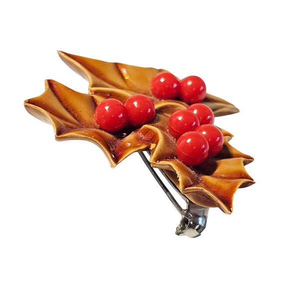 Vintage Style Holly Leaf Brooch Pin 1.88" Red Berries Christmas Holiday Gift Box - Picture 3 of 9